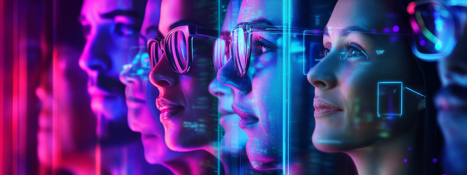 Close-up of diverse faces illuminated by neon lights, symbolizing innovation and future technology learning.
